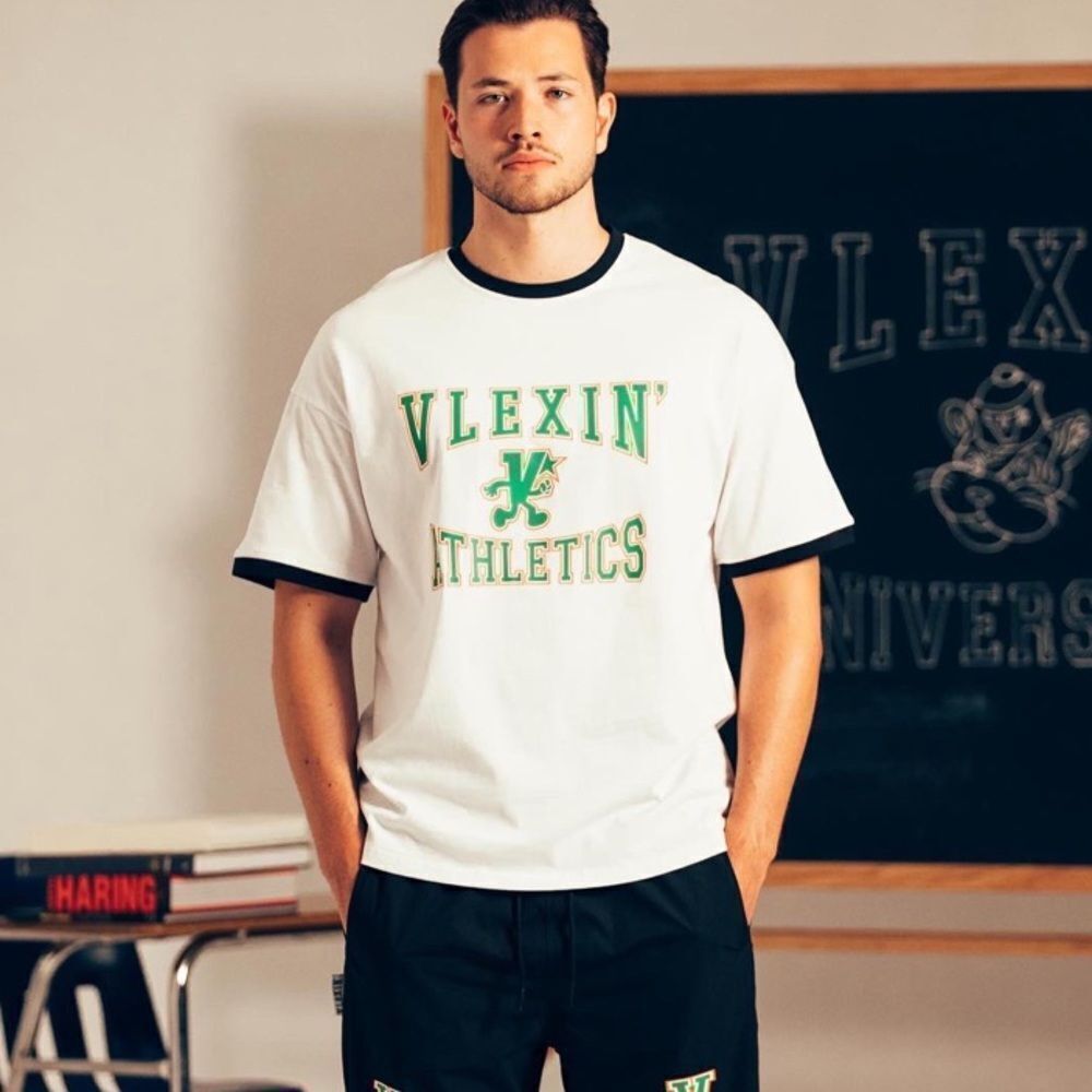 Vlexin’ University Merch Ringer Tee Shirt white/blk/green M Nwt